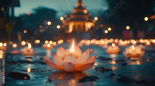 Krathongs Adorn the Ground: A Moment of Serenity at the Thai Temple.Concept of tradition, spirituality, cultural celebration, peace, and tranquility, tourism, hospitality, cultural heritage preservati photo