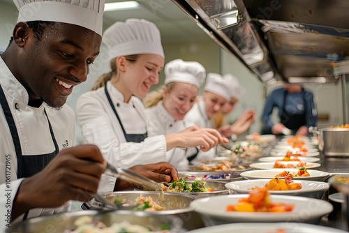 Multiracial group attending a cooking class and learning to make a new dish