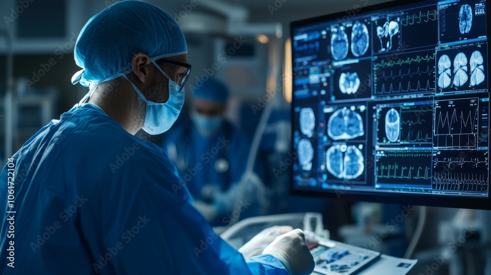 A surgeon using modern healthcare technology, preparing for surgery while consulting a virtual platform for patient information, merging digital and physical medical care