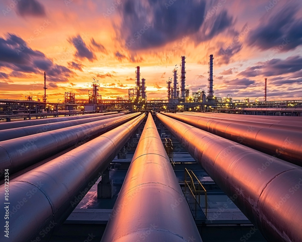 An industrial scene featuring large pipes leading towards a sunset ...