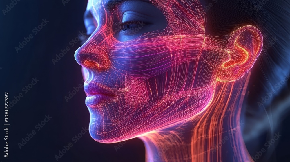 Detailed Image of a Woman’s Face Mapped with Thin Beams of Light, Highlighting Facial Muscle Analysis and Projected Surgery Lines Against a Sterile Clinical Background