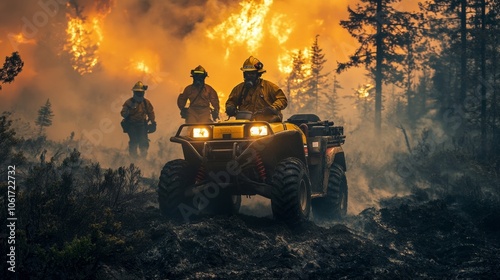 A tactical fire unit using an ATV to navigate through rough terrain while controlling a wildfire, with emergency personnel working together to extinguish the flames photo