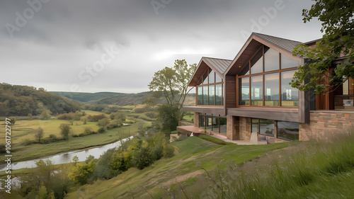 Modern wood and glass house overlooking a serene river valley, surrounded by lush greenery and hills, under a cloudy sky. Ideal for nature lovers and contemporary architecture enthusiasts.