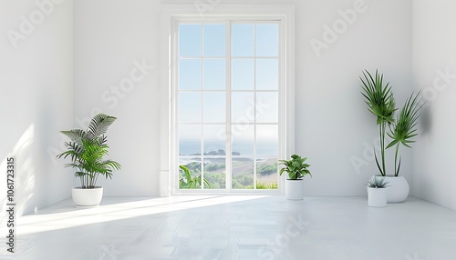 Scandinavian style, white room, window with summer landscape, minimalist design, copy space, 3D rendering.