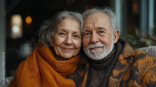 Couple of older people are sitting on a couch, smiling at the camera. The man is wearing a brown sweater and the woman is wearing an orange scarf. Scene is warm and friendly