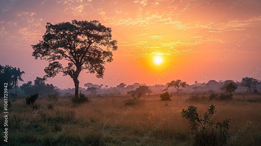 Fiery orange sunset over an African savanna with a silhouette of a tree Fiery orange sunset over an African savanna with a silhouette of a tree