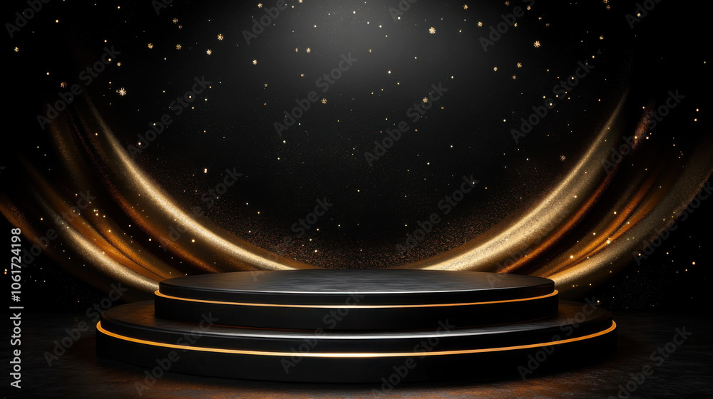 Fototapeta premium Black friday banner background with a podium platform; black and gold stuff on a dark scene for product stand