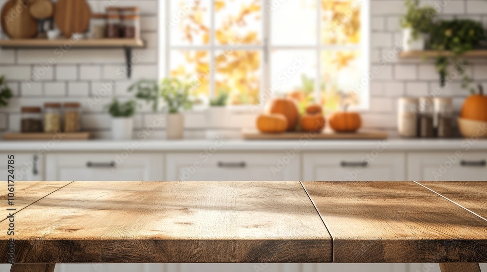 Autumn kitchen decor wooden table with pumpkin accents and ample copy space for styling ideas Autumn kitchen decor wooden table with pumpkin accents and ample copy space for styling ideas
