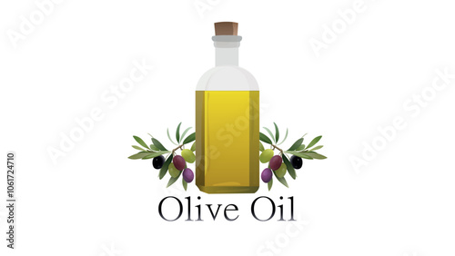 Olive oil in a bottle with green, black and purple olives and leaves. Olive oil bottle and olives on branch.  Natural healthy food product ads template. Flat lay olive oil ads. isolated on white. 