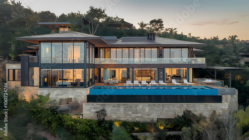 Luxurious modern villa with large glass windows, an infinity pool, and stunning hillside views, surrounded by lush greenery at sunset, offering a serene getaway experience.