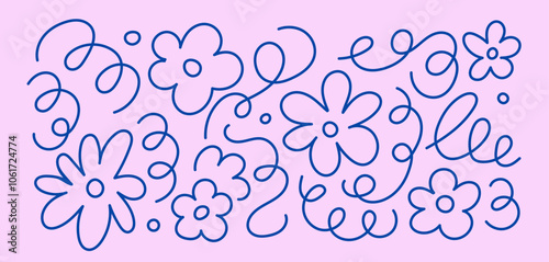 Set of doodle playful scribble and outline flower. Abstract children background with curve line. Trendy design with basic shapes.