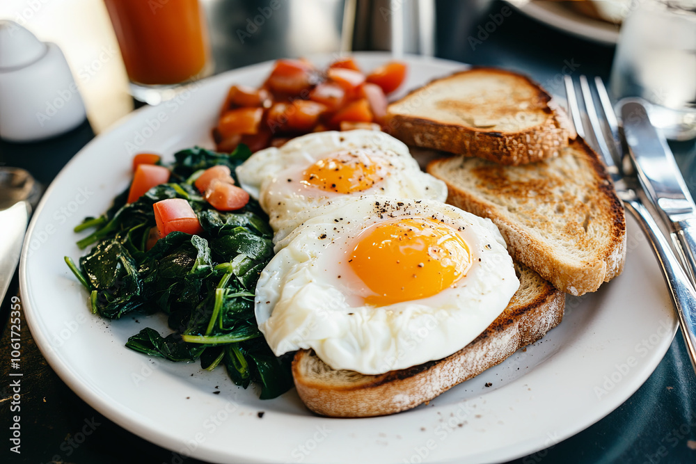 A plate of poached eggs on whole grain toast with a side of spinach A plate of poached eggs on whole grain toast with a side of spinach