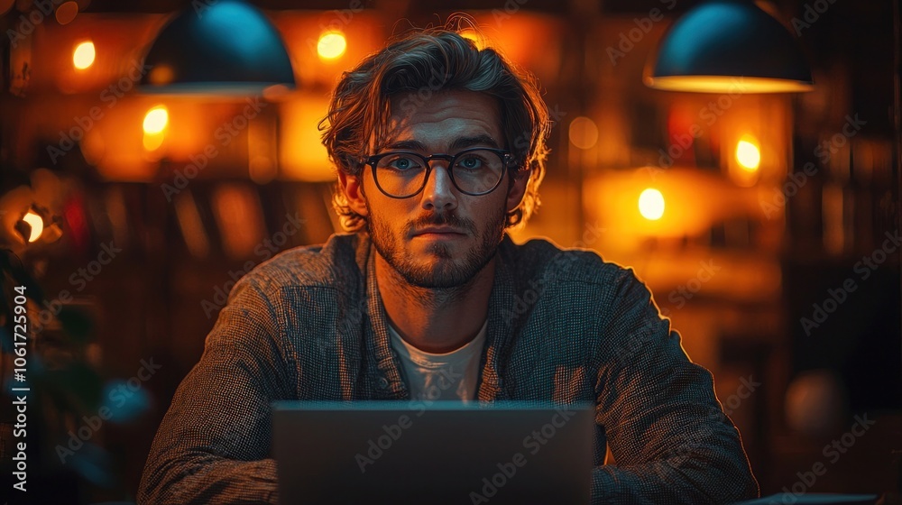 Young Entrepreneur Working Late at a Cozy Home Office Young Entrepreneur Working Late at a Cozy Home Office