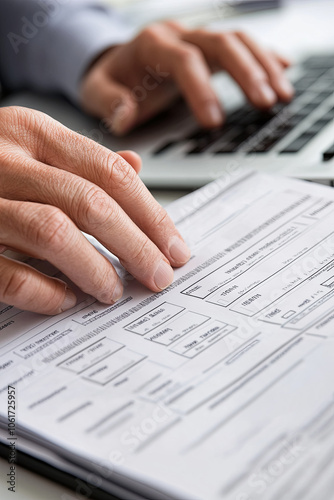 A close-up of a person’s hands, typing frenetically on a laptop, with a long to-do list nearby