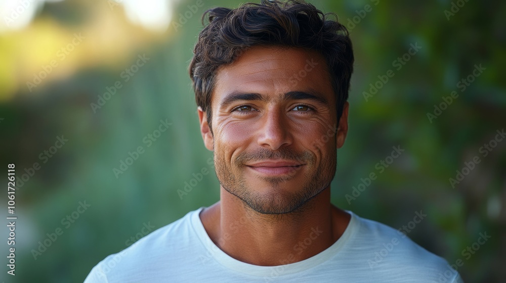 Man with a beard and a smile on his face. He is wearing a white shirt. Concept of happiness and positivity Man with a beard and a smile on his face. He is wearing a white shirt. Concept of happiness and positivity
