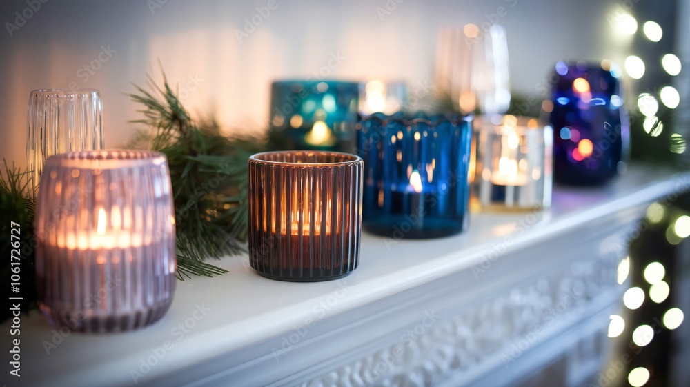 Warm Candlelight Glow in Glass Holders on Fireplace Mantel with Christmas Decor Warm Candlelight Glow in Glass Holders on Fireplace Mantel with Christmas Decor