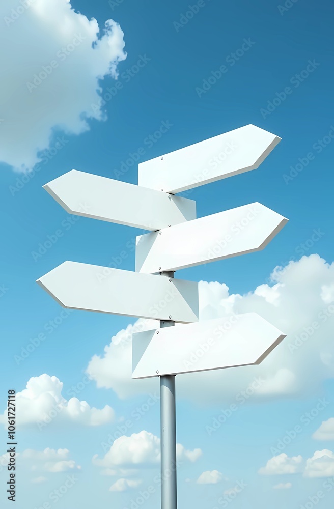 An image of directional signposts pointing in different directions against a bright blue sky