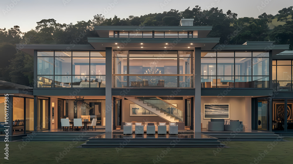 Modern luxury home with large glass windows, showcasing a spacious exterior and elegant outdoor seating area, surrounded by greenery and a serene landscape at dusk. Modern luxury home with large glass windows, showcasing a spacious exterior and elegant outdoor seating area, surrounded by greenery and a serene landscape at dusk.