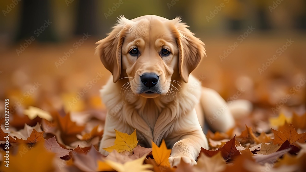 Labrador retriever lying on autumn leaves Labrador retriever lying on autumn leaves