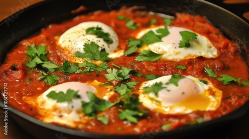 Captivating Close-Up of Shakshuka in Cast Iron Pan