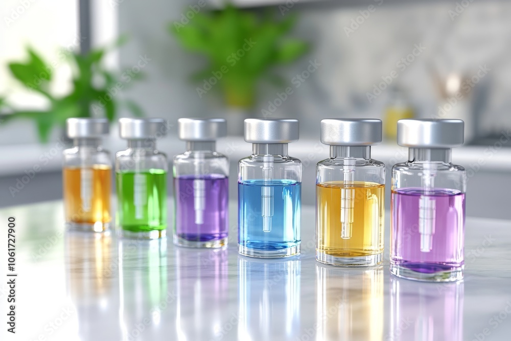 Colorful Glass Bottles with Droppers on Marble Surface Colorful Glass Bottles with Droppers on Marble Surface
