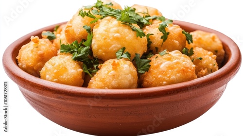 Golden Brown Snacks in a Bowl with Fresh Herbs