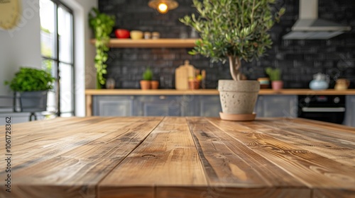 Wooden kitchen counter with plants and jars in a bright space