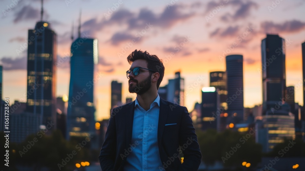 An entrepreneur standing confidently in front of a city skyline at dusk, with the modern urban landscape representing ambition, success, and leadership An entrepreneur standing confidently in front of a city skyline at dusk, with the modern urban landscape representing ambition, success, and leadership