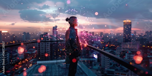 A fashion photographer on a city rooftop with an AI assistant as a digital light array in humanoid shape providing optimal lighting suggestions. AIG60 photo