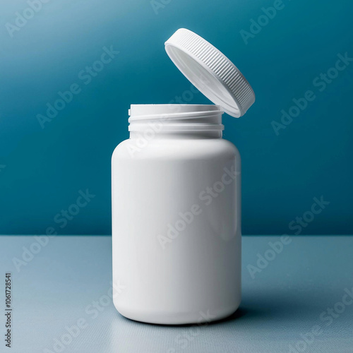 white pill bottle mockup isolated with open lid on background
