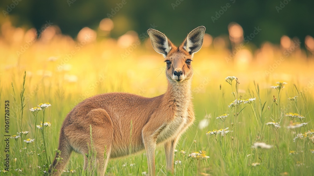 Fototapeta premium Serene Kangaroo Grazing in a Verdant Meadow, Soft-Focus Wildflowers and Grasses, Embracing the Tranquil Essence of Nature