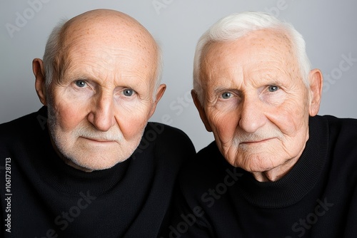 Two men with white hair and beards are posing for a picture. They are wearing black sweaters and are smiling