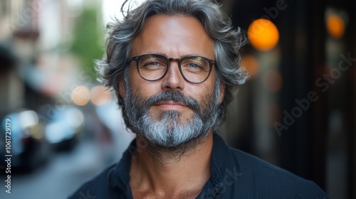 Man with a beard and glasses is smiling at the camera. He is wearing a black shirt and standing on a street