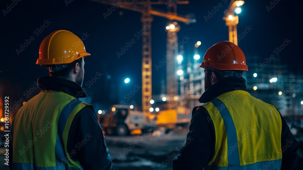Engineers in helmets collaborating at a construction site at night, with the site brightly illuminated and machinery operating in the background Engineers in helmets collaborating at a construction site at night, with the site brightly illuminated and machinery operating in the background