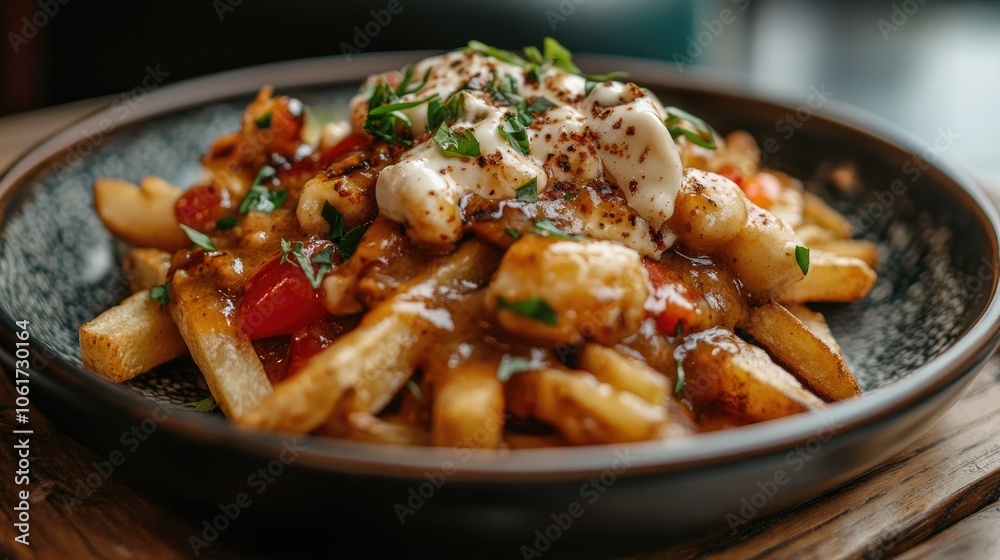 Close-Up of Delicious Poutine Served in Bowl Close-Up of Delicious Poutine Served in Bowl