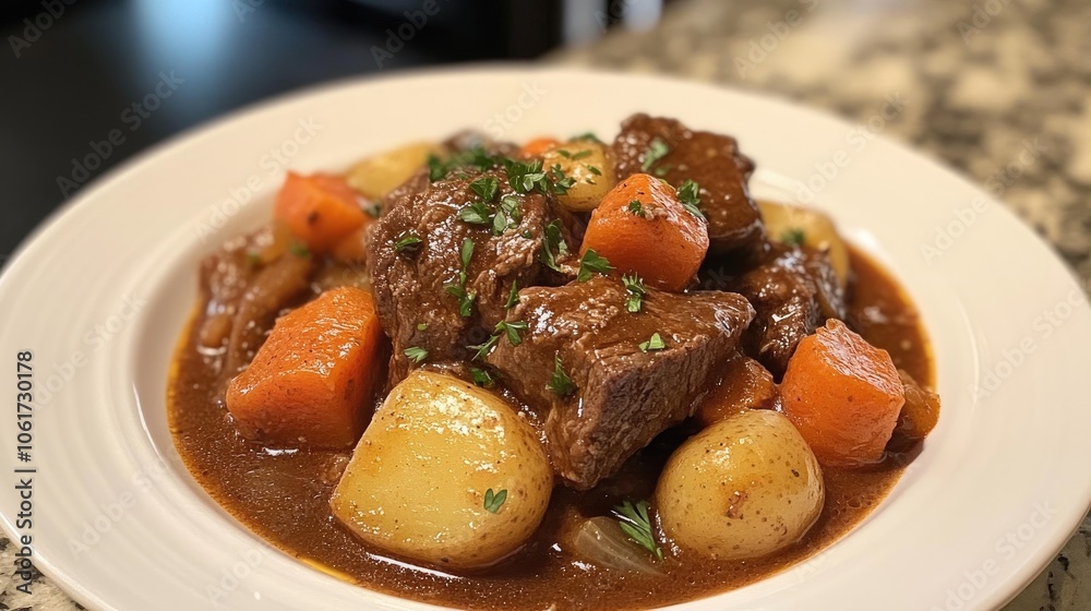 Tender Beef Stew with Vegetables on a Plate Tender Beef Stew with Vegetables on a Plate