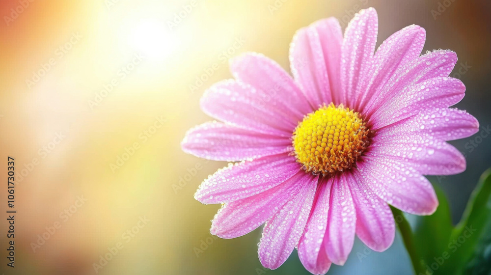 Macro shot of natural, beautiful pink flower with dew drops, glowing in sunlight, showcasing nature elegance and freshness Macro shot of natural, beautiful pink flower with dew drops, glowing in sunlight, showcasing nature elegance and freshness