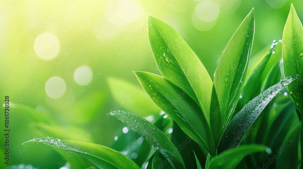 Fototapeta premium Macro shot of natural, Lush green leaves glistening with water droplets in vibrant natural setting. soft bokeh background enhances freshness and tranquility of nature