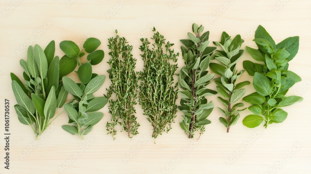 Vibrant Fresh Herbs Overhead Shot on Wooden Surface Vibrant Fresh Herbs Overhead Shot on Wooden Surface