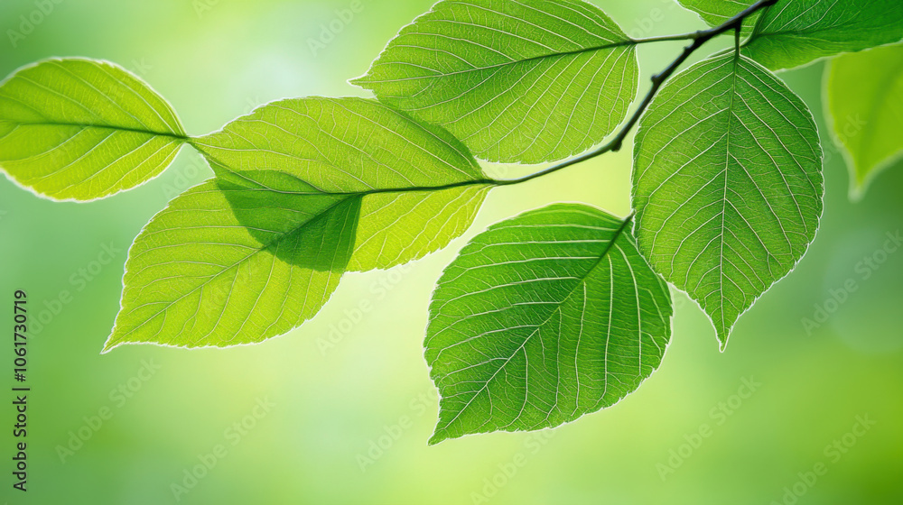Macro shot of natural, Fresh green leaves on branch create vibrant natural scene, showcasing beauty of nature and intricate details of leaf structures Macro shot of natural, Fresh green leaves on branch create vibrant natural scene, showcasing beauty of nature and intricate details of leaf structures