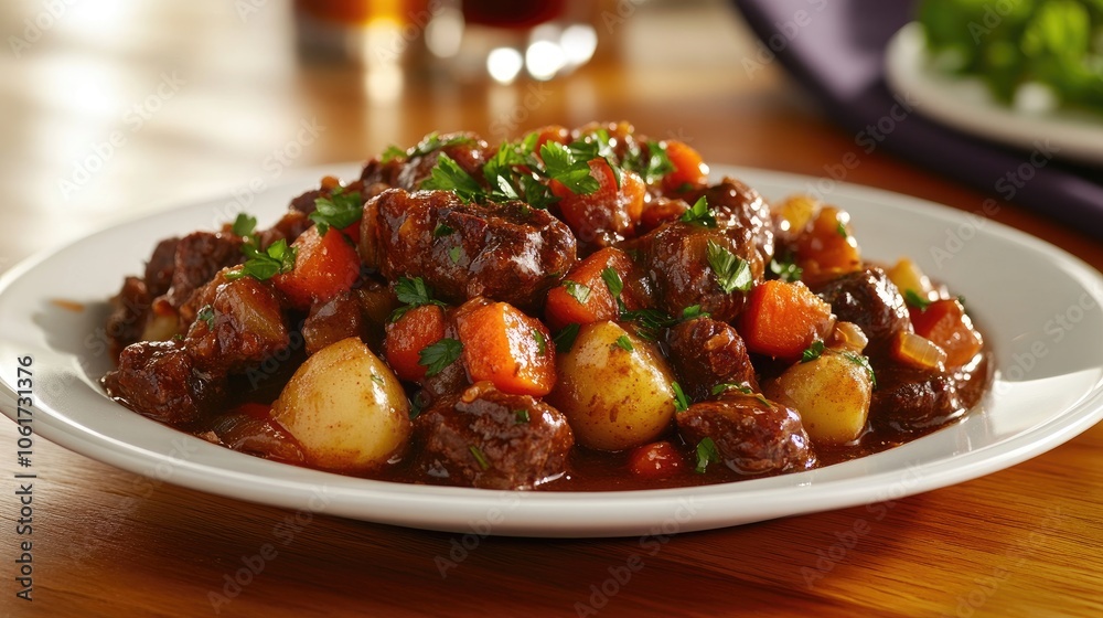 Hearty Beef Stew on a Plate with Fresh Vegetables Hearty Beef Stew on a Plate with Fresh Vegetables