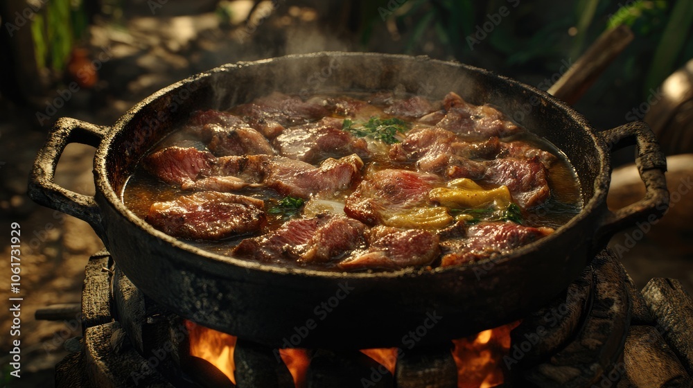 Freshly Cooked Meat in Rustic Pot Over Fire Freshly Cooked Meat in Rustic Pot Over Fire