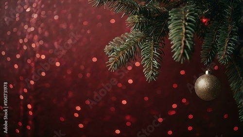 Christmas background and Christmas tree and sparkling bokeh lights in winter, merry christmas card holiday Happy New Year, space for text on red background 