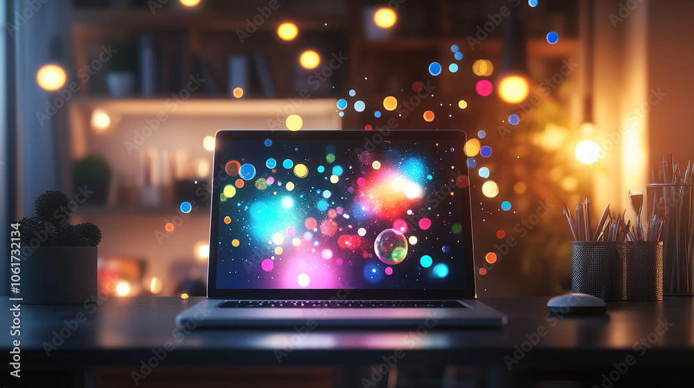 Laptop with Colorful Bokeh on Screen in Cozy Workspace Laptop with Colorful Bokeh on Screen in Cozy Workspace