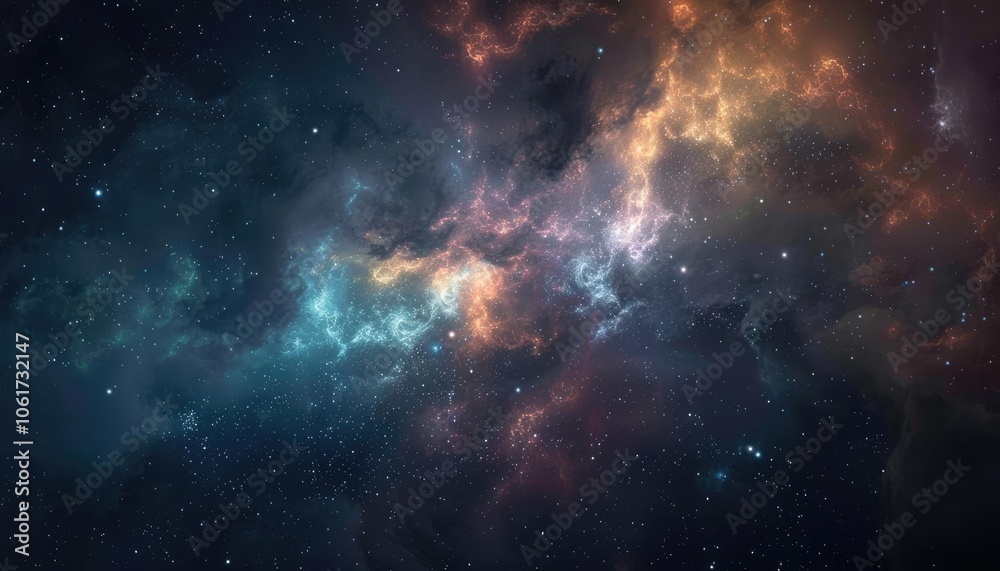 Naklejka premium Starry Night Sky with Colorful Nebulae