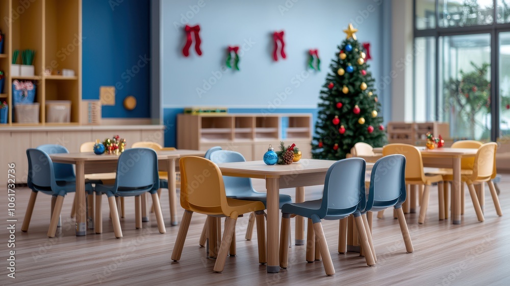 A bright classroom featuring a Christmas tree, vibrant tables, and festive decorations, creating a cheerful atmosphere for learning and holiday celebrations. A bright classroom featuring a Christmas tree, vibrant tables, and festive decorations, creating a cheerful atmosphere for learning and holiday celebrations.