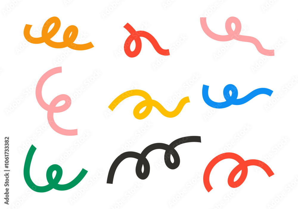 Abstract Curly Line Collection. A set of nine thick, curly line elements in various shapes, ideal for abstract designs. Perfect for adding a playful, modern touch to creative projects