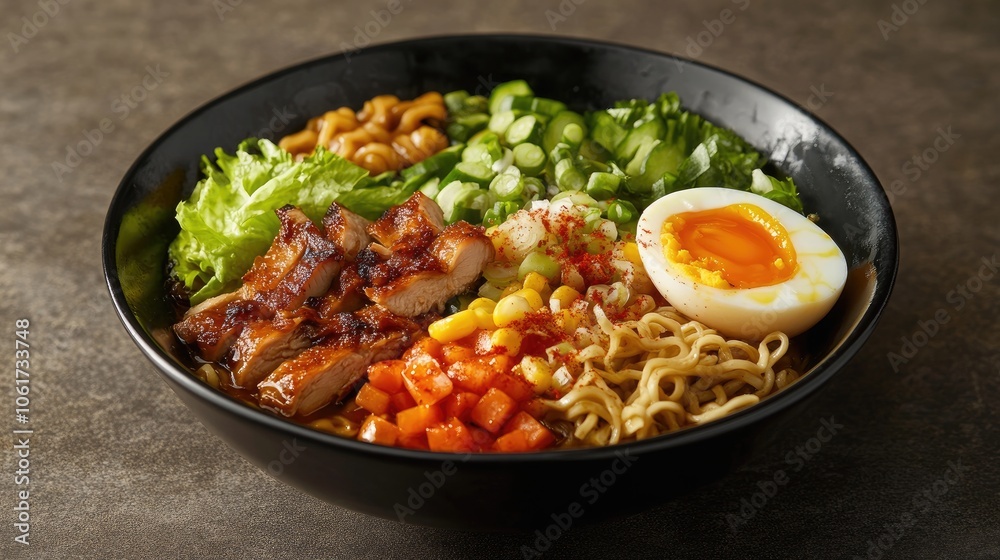 Vibrant Bowl of Ramen Noodles with Creamy Toppings Vibrant Bowl of Ramen Noodles with Creamy Toppings