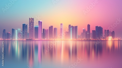 A futuristic smart city skyline with soft neon lights reflected on the water set against a soft pastel gradient sky
