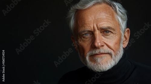 Man with a beard and gray hair is wearing a black sweater and looking at the camera. He is a middle-aged man with a serious expression